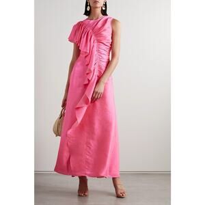 Ulla Johnson Lali Ruched Ruffled Metallic Chiffon Maxi Dress Pink Size 6